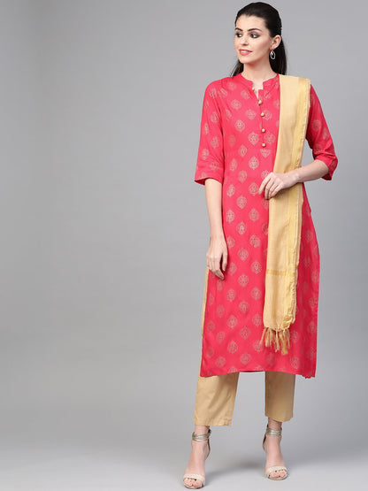 Women's Nayo Pink & Gold Straight Ethnic Motifs Printed Kurta And Trousers Set