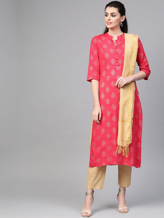 Women's Nayo Pink & Gold Straight Ethnic Motifs Printed Kurta And Trousers Set