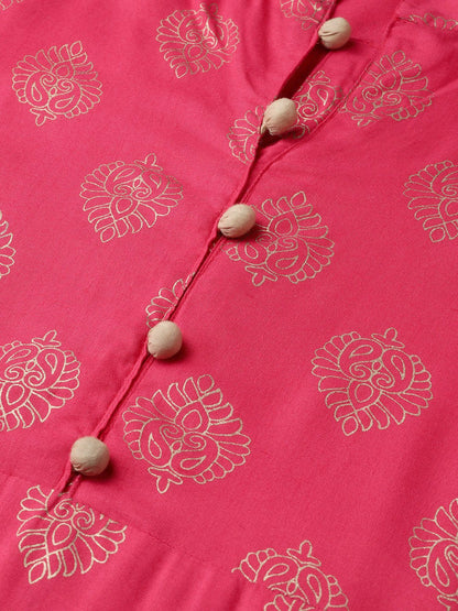 Women's Nayo Pink & Gold Straight Ethnic Motifs Printed Kurta And Trousers Set