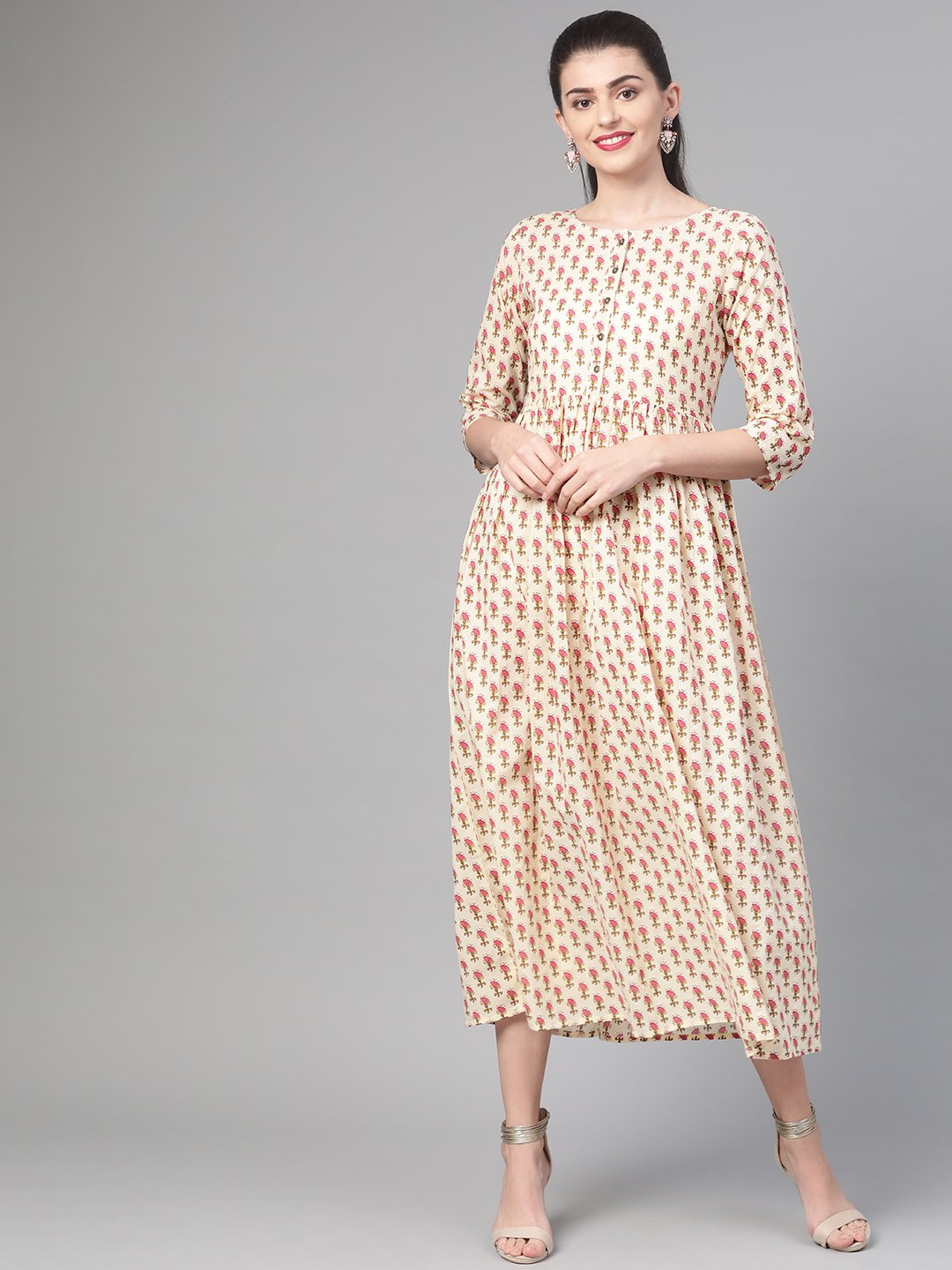 Women's Nayo Cream & Pink Floral Printed Maxi Dress