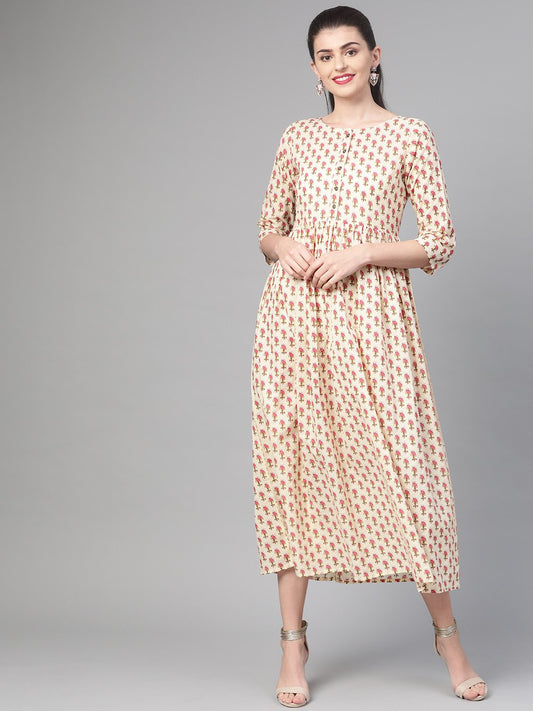 Women's Nayo Cream & Pink Floral Printed Maxi Dress