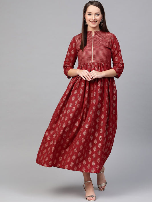 Women's Nayo Maroon & Gold Ethnic Motifs Printed Maxi Dress