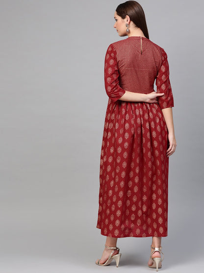 Women's Nayo Maroon & Gold Ethnic Motifs Printed Maxi Dress