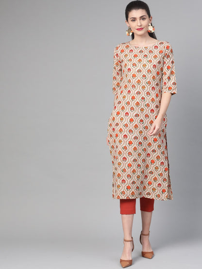 Women's Nayo Cream & Orange Cotton Straight Floral Printed Kurta