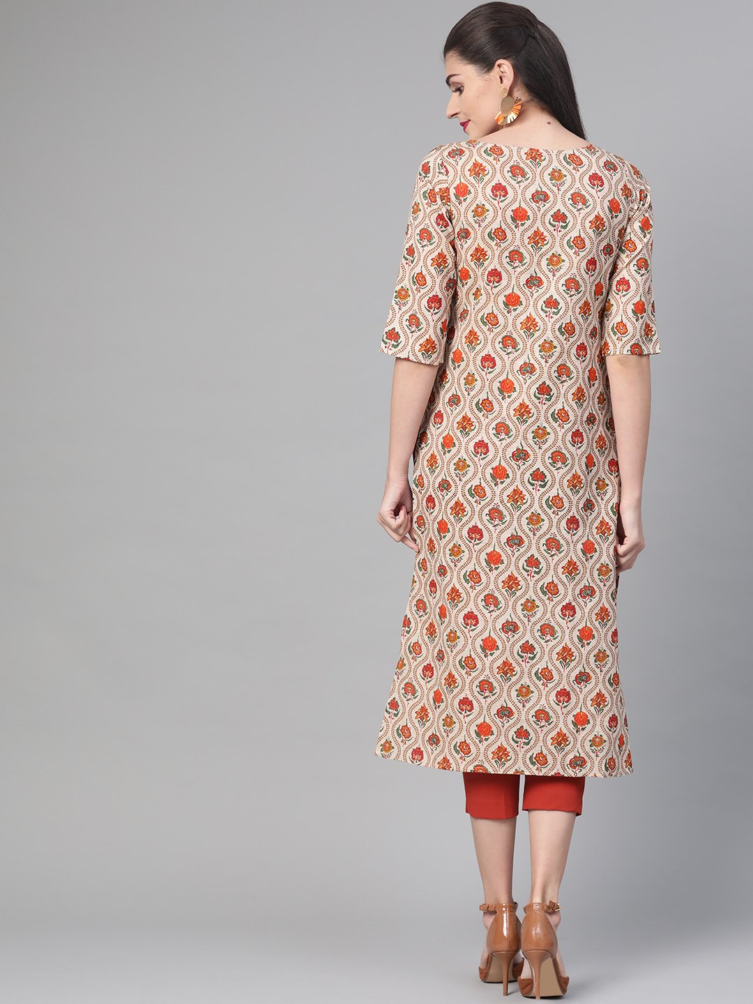 Women's Nayo Cream & Orange Cotton Straight Floral Printed Kurta