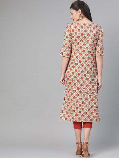 Women's Nayo Cream & Orange Cotton Straight Floral Printed Kurta