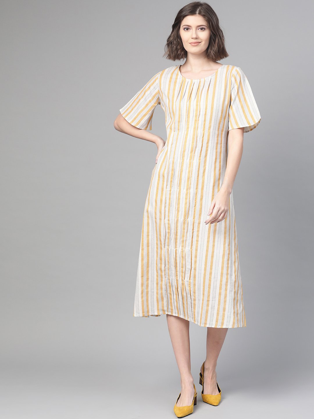 Women's Nayo Off White & Mustard Striped Striped A-Line Dress