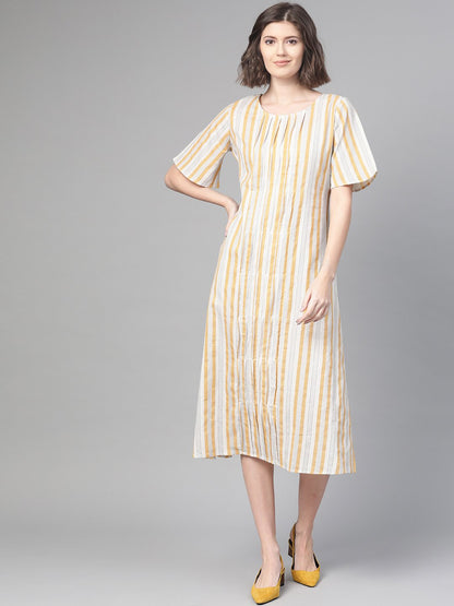 Women's Nayo Off White & Mustard Striped Striped A-Line Dress