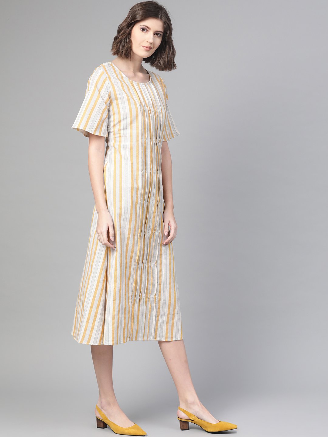 Women's Nayo Off White & Mustard Striped Striped A-Line Dress