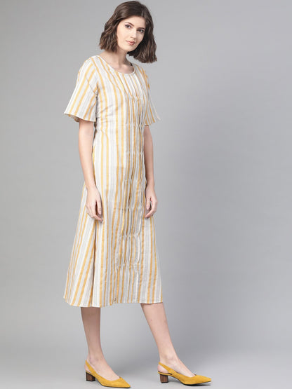Women's Nayo Off White & Mustard Striped Striped A-Line Dress
