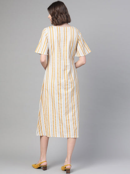 Women's Nayo Off White & Mustard Striped Striped A-Line Dress