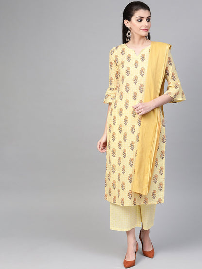 Women's Nayo Yellow & Brown Straight Ethnic Motifs Printed Kurta And Palazzos Set