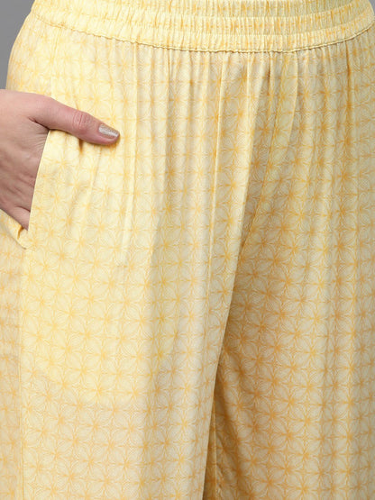 Women's Nayo Yellow & Brown Straight Ethnic Motifs Printed Kurta And Palazzos Set
