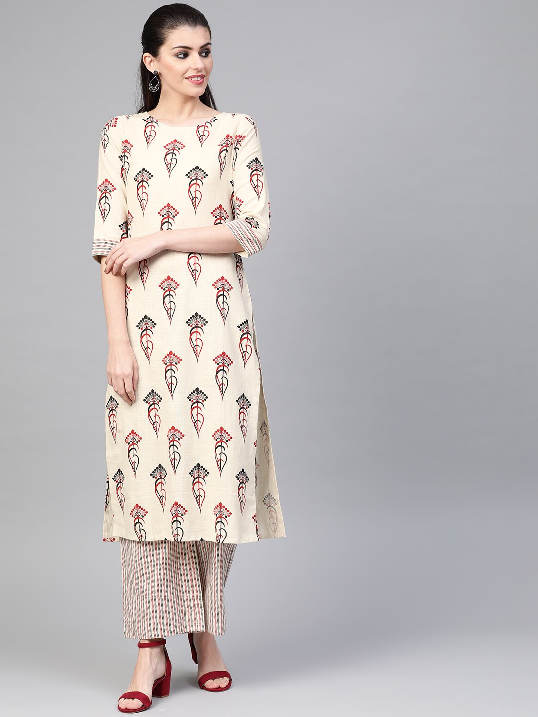 Women's Nayo Off White & Red Straight Ethnic Motifs Printed Kurta And Palazzos Set