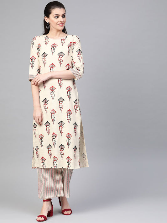 Women's Nayo Off White & Red Straight Ethnic Motifs Printed Kurta And Palazzos Set
