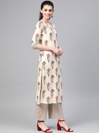 Women's Nayo Off White & Red Straight Ethnic Motifs Printed Kurta And Palazzos Set