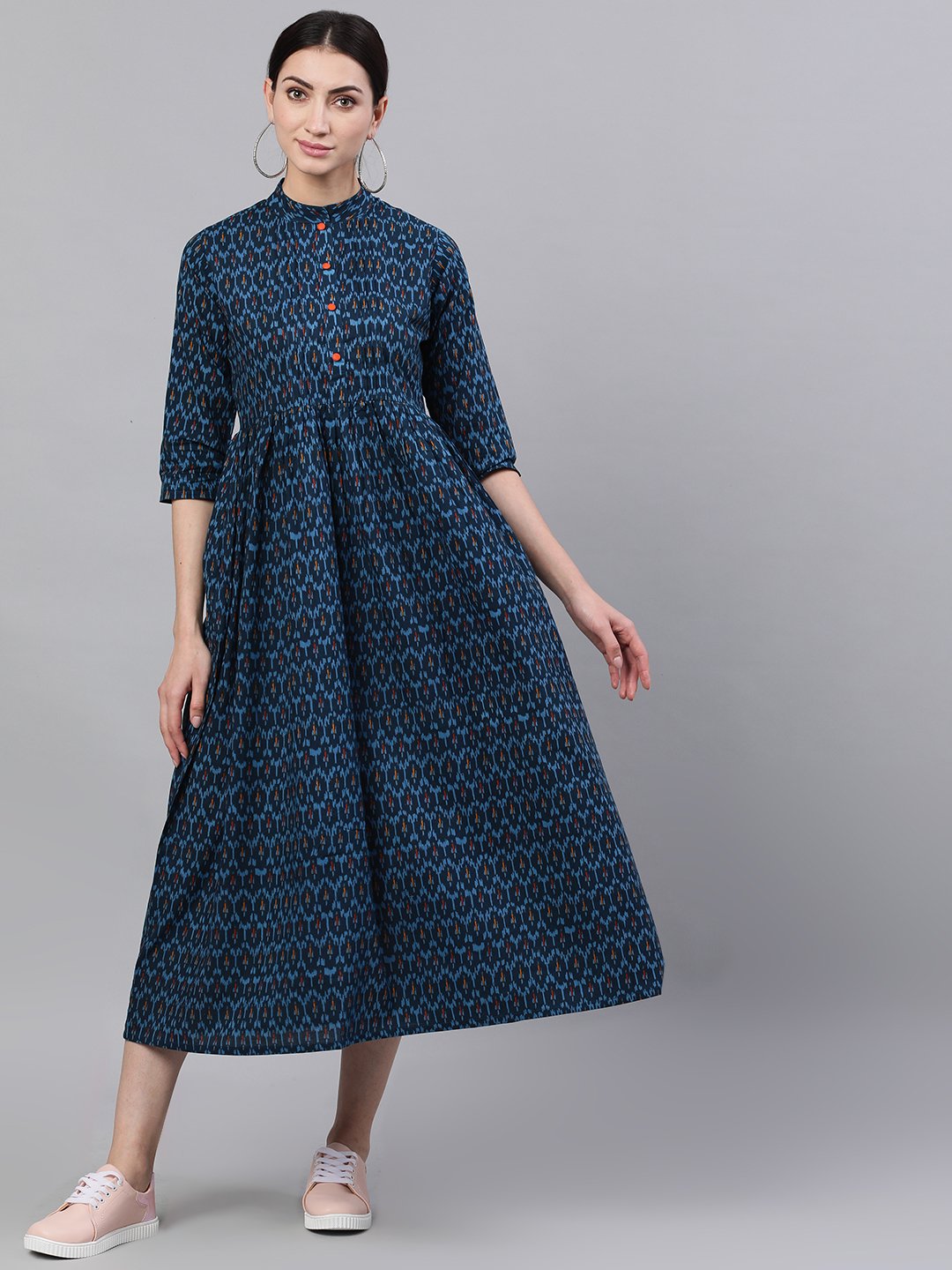 Women's Navy Blue Bohemian Printed Mandarin Collar Cotton A-Line Dress