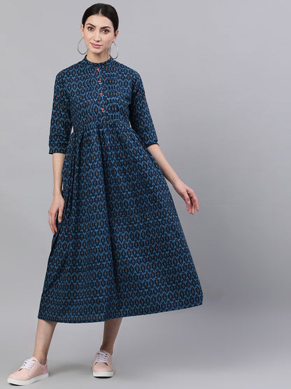 Women's Navy Blue Bohemian Printed Mandarin Collar Cotton A-Line Dress