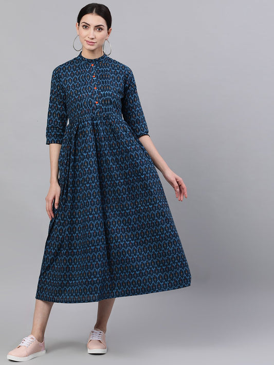 Women's Navy Blue Bohemian Printed Mandarin Collar Cotton A-Line Dress