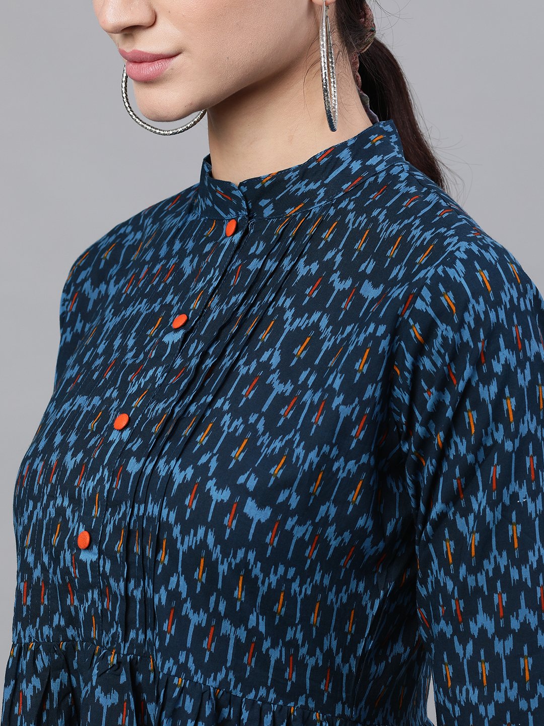 Women's Navy Blue Bohemian Printed Mandarin Collar Cotton A-Line Dress
