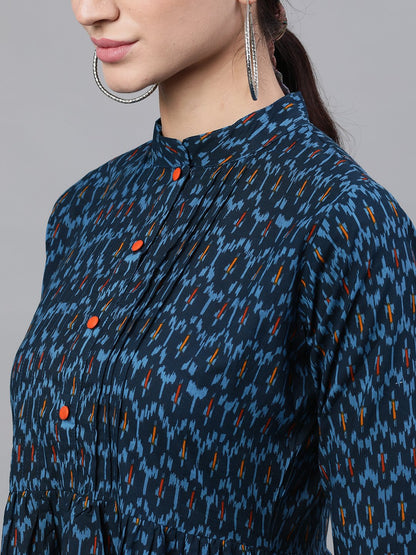 Women's Navy Blue Bohemian Printed Mandarin Collar Cotton A-Line Dress