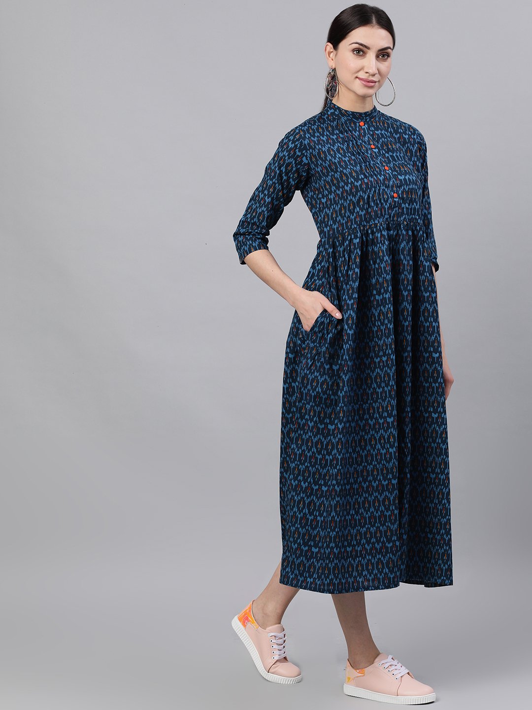 Women's Navy Blue Bohemian Printed Mandarin Collar Cotton A-Line Dress