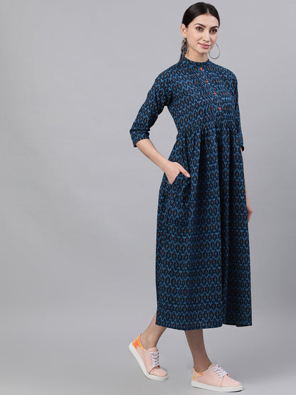 Women's Navy Blue Bohemian Printed Mandarin Collar Cotton A-Line Dress