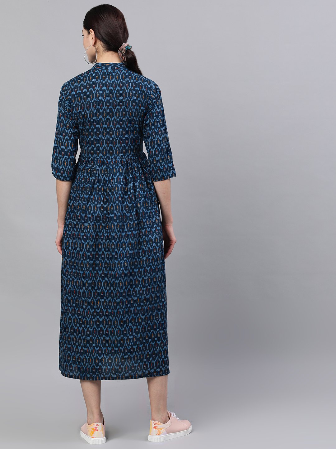 Women's Navy Blue Bohemian Printed Mandarin Collar Cotton A-Line Dress