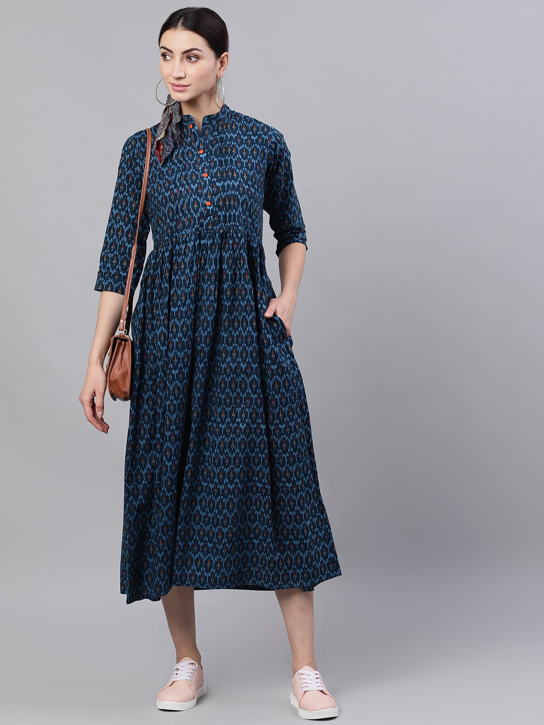 Women's Navy Blue Bohemian Printed Mandarin Collar Cotton A-Line Dress