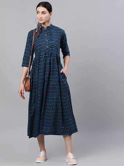 Women's Navy Blue Bohemian Printed Mandarin Collar Cotton A-Line Dress