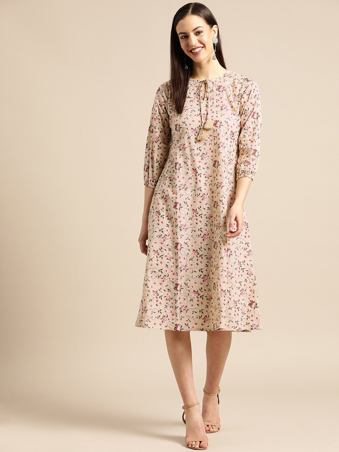 Women's Beige & Red Floral Printed Fit And Flare Dress