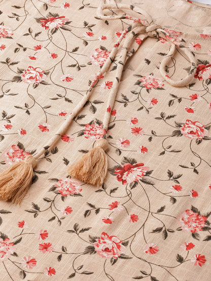 Women's Beige & Red Floral Printed Fit And Flare Dress