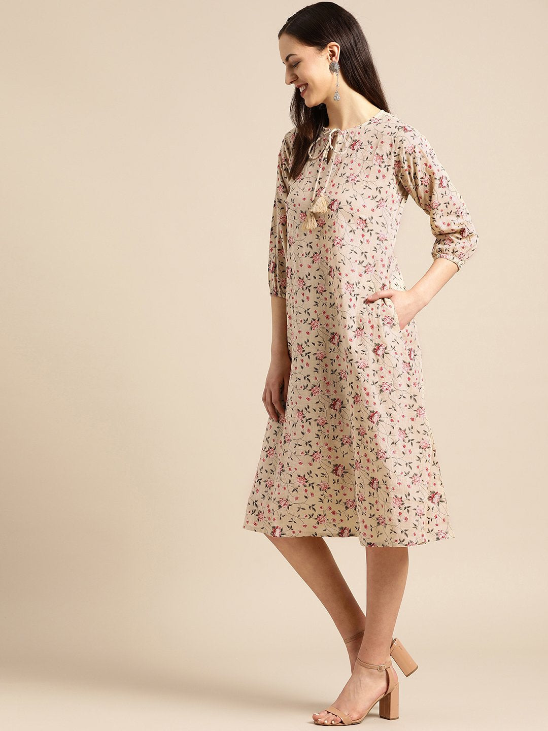 Women's Beige & Red Floral Printed Fit And Flare Dress