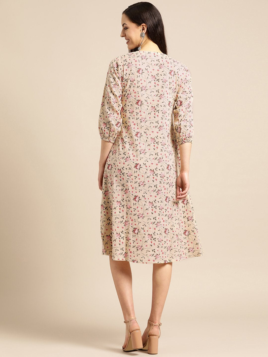 Women's Beige & Red Floral Printed Fit And Flare Dress