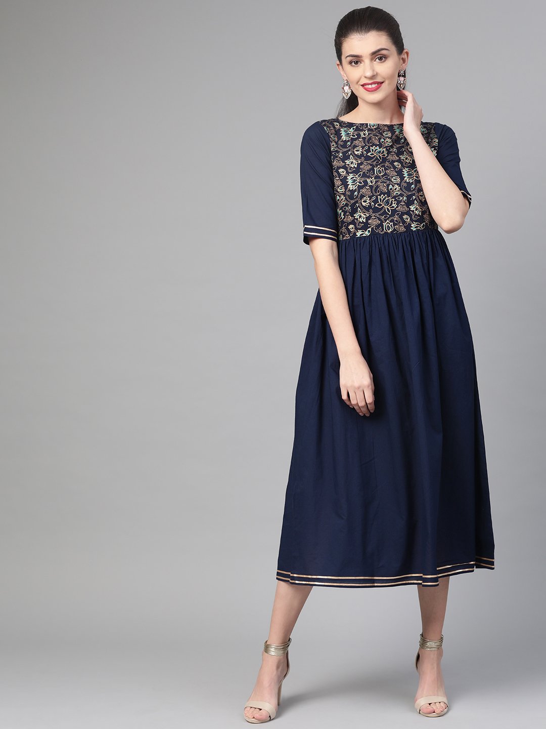 Women's Nayo Navy Blue & Gold Floral Printed Maxi Dress