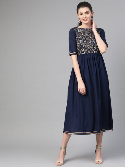 Women's Nayo Navy Blue & Gold Floral Printed Maxi Dress