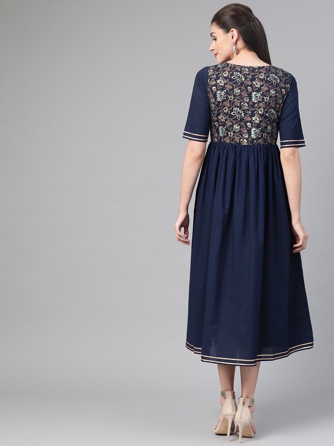 Women's Nayo Navy Blue & Gold Floral Printed Maxi Dress