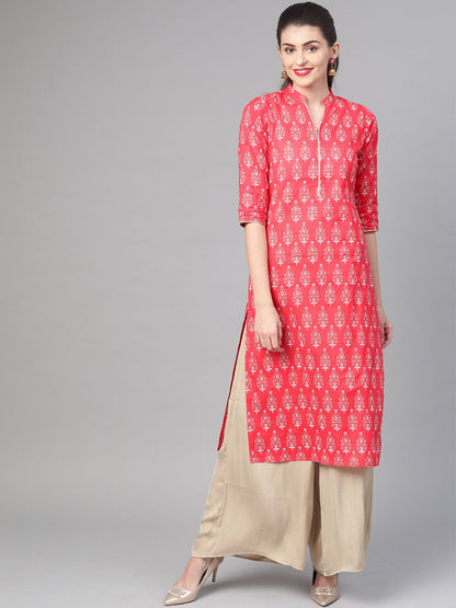 Women's Nayo Pink & Gold Cotton Straight Floral Printed Kurta