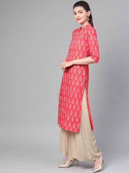 Women's Nayo Pink & Gold Cotton Straight Floral Printed Kurta