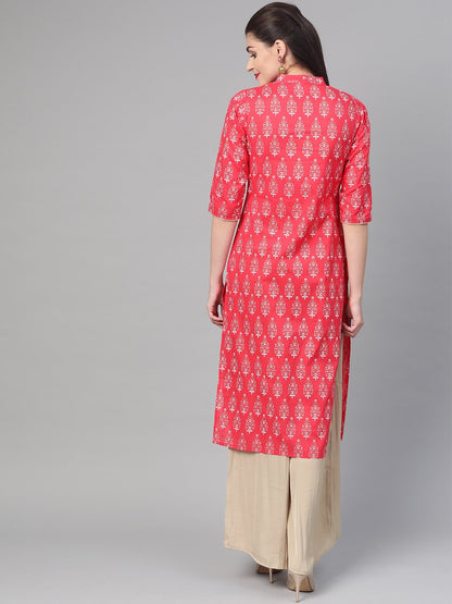 Women's Nayo Pink & Gold Cotton Straight Floral Printed Kurta