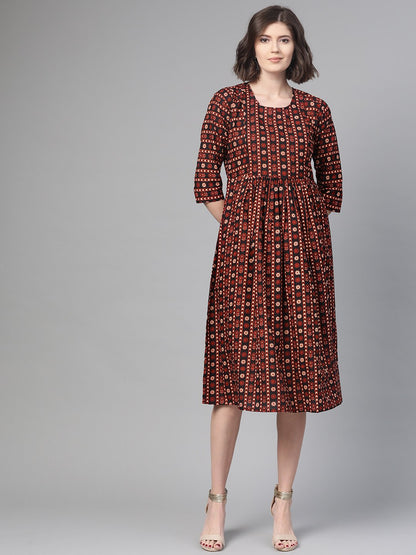 Women's Nayo Black & Orange Floral Printed Fit And Flare Dress