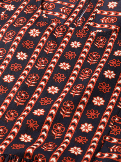 Women's Nayo Black & Orange Floral Printed Fit And Flare Dress