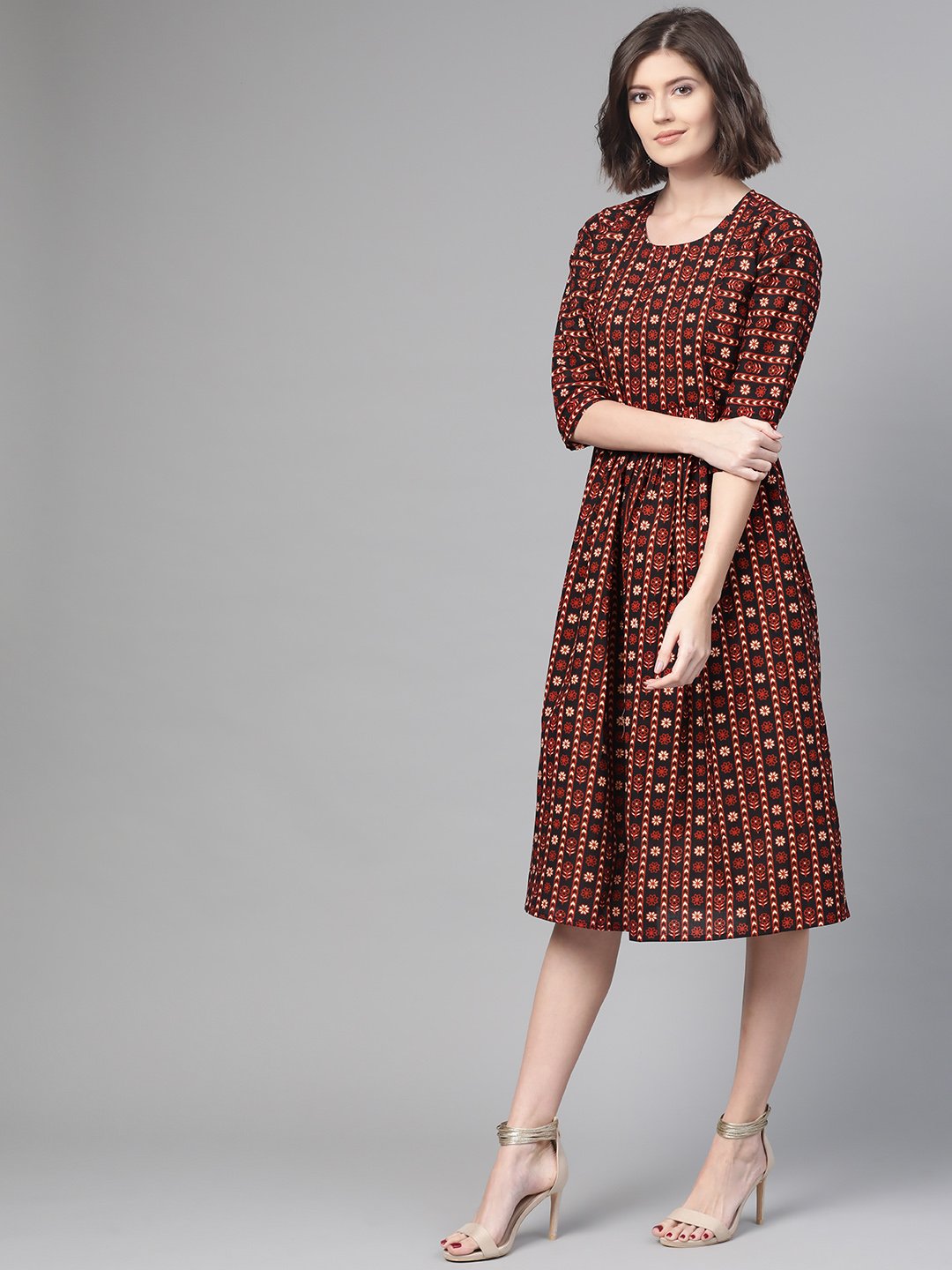 Women's Nayo Black & Orange Floral Printed Fit And Flare Dress