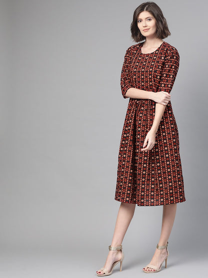 Women's Nayo Black & Orange Floral Printed Fit And Flare Dress