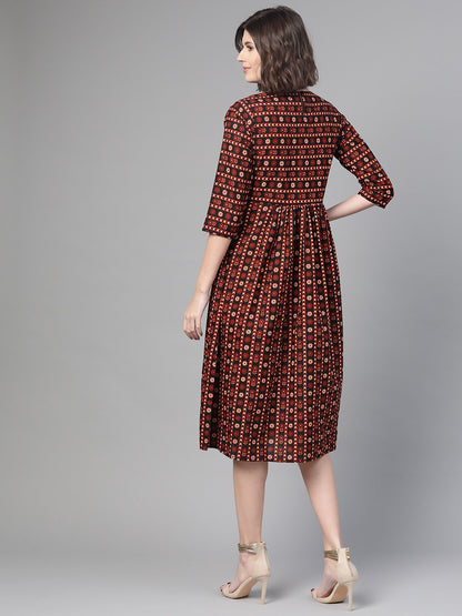 Women's Nayo Black & Orange Floral Printed Fit And Flare Dress