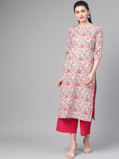 Women's Nayo Grey & Pink Cotton Straight Floral Printed Kurta