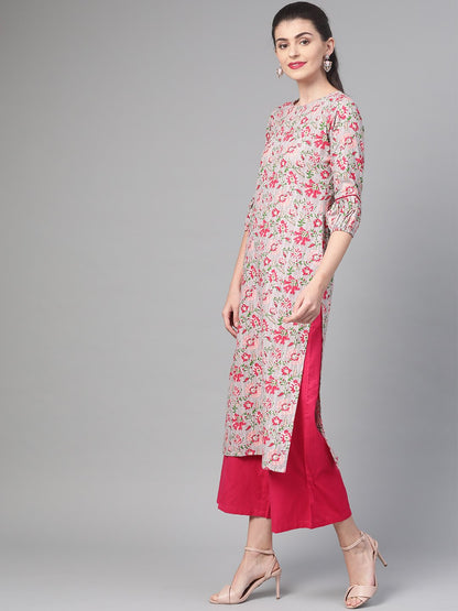 Women's Nayo Grey & Pink Cotton Straight Floral Printed Kurta