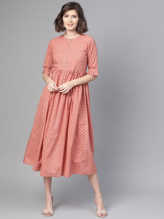 Women's Nayo Peach & Floral Printed A-Line Dress