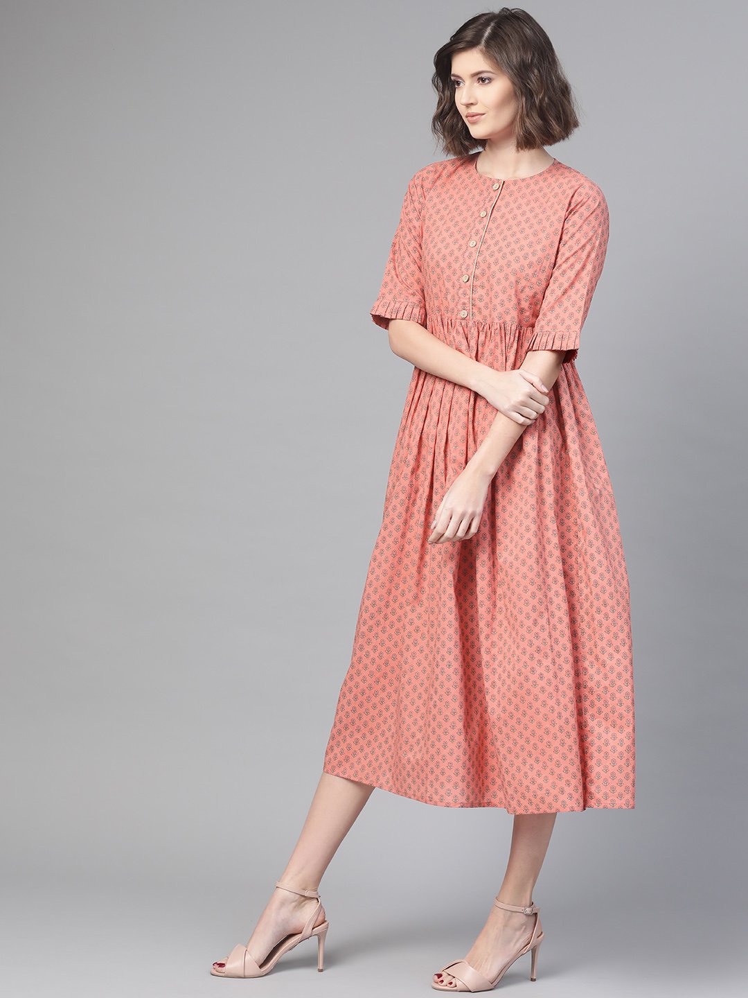 Women's Nayo Peach & Floral Printed A-Line Dress