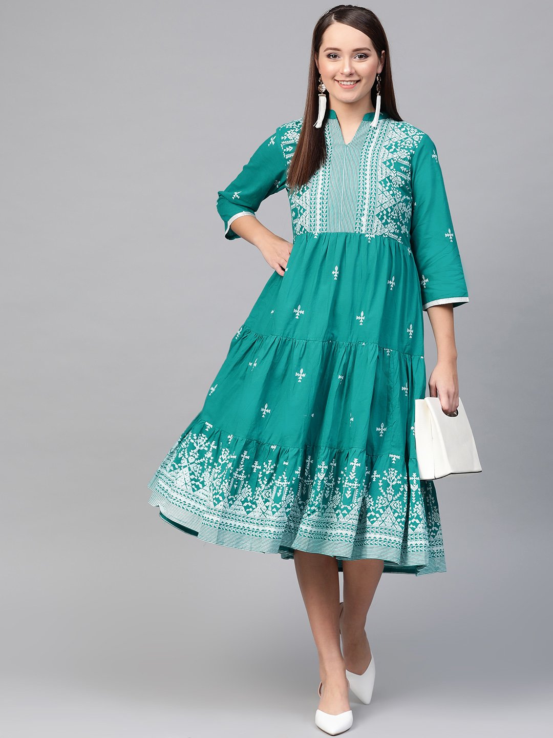 Women's Nayo Green & White Tribal Printed Fit And Flare Dress